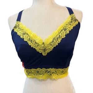 Savage X Fenty (Rihanna) Navy Satin Bralette Yellow Lace Trim 2X Plus
